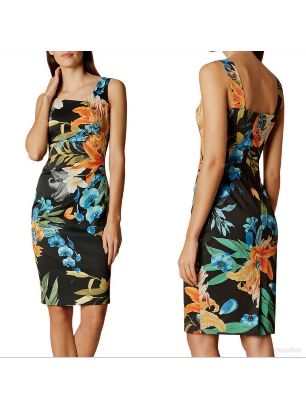 Karen Millen Black Floral Midi Dress with Blue & Orange Blooms